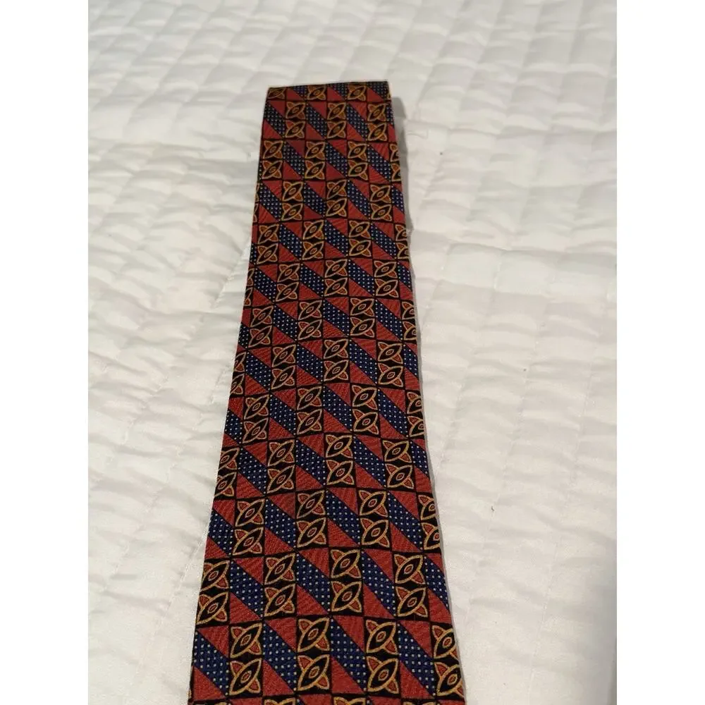 Ermenegildo Zegna 100% Silk Tie Red Navy Gold Geometric Luxury Mens Necktie